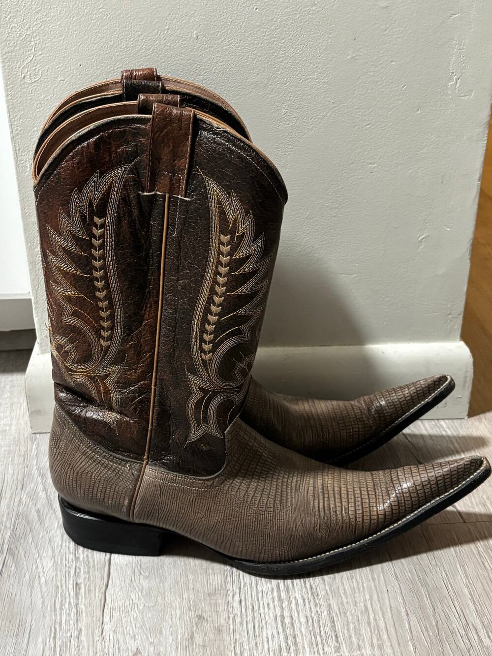 El General Men’s 11 Brown Embossed Lizard Print Leather Cowboy Boots Mexico